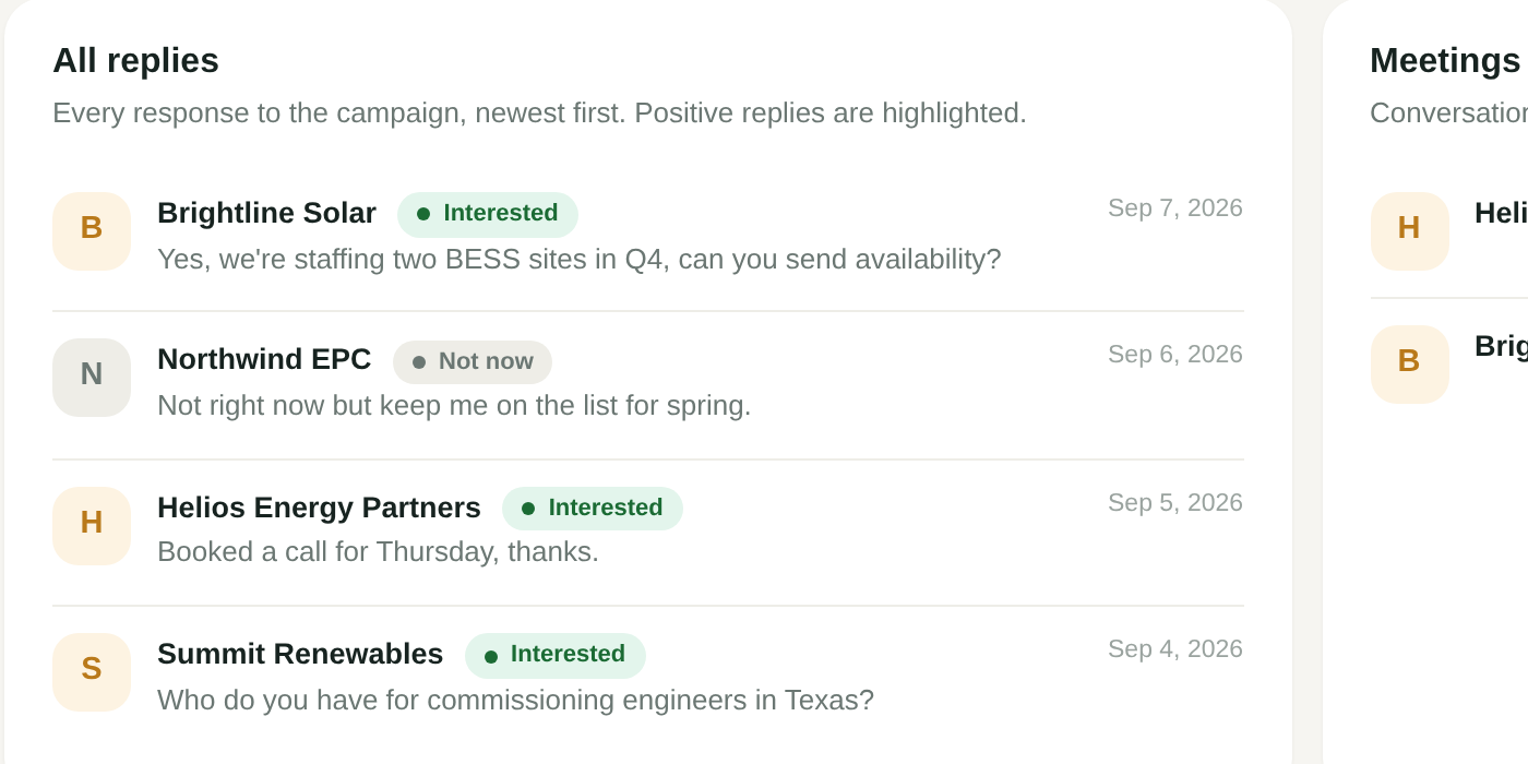 Replies feed in the client portal, each labelled interested, not now or out of office